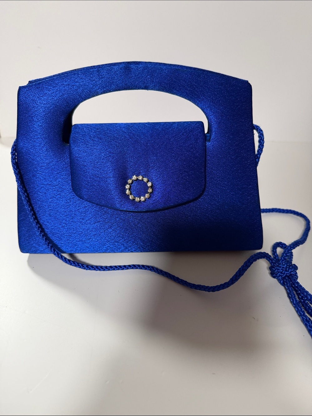 Elegant Royal Blue Satin Evening Handbag with Crystal Detail